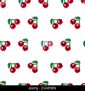 Seamless pattern with pixel art cherries, designed in a retro style. Vector illustration isolated on a white background, perfect for textiles and digital designs.. Pixel Art Cherry Seamless Pattern Stock Vector