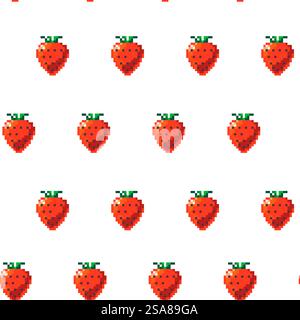 Seamless pattern with pixel art strawberries, designed in a retro style. Vector illustration isolated on a white background, ideal for textiles and digital designs.. Pixel Art Strawberry Seamless Pattern Stock Vector