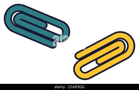 Vector illustration of two colorful paper clips in a minimalistic cartoon style, isolated on a white background. Perfect for educational materials and office supplies designs.. illustration of two colorful paper clips Stock Vector