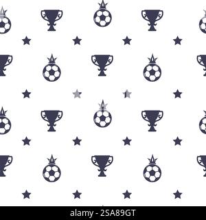 Seamless pattern with trophies, soccer balls, and stars. Simple and clean, isolated on white background. Vector illustration ideal for sports-themed designs.. Trophy Soccer Ball Star Pattern Stock Vector