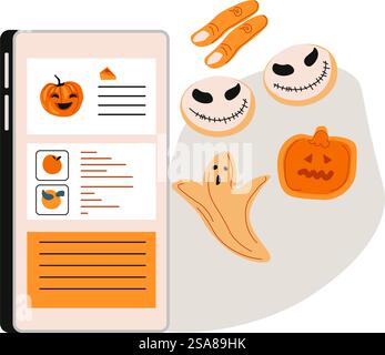 Illustration of a smartphone screen displaying Halloweenthemed content. The style is modern and flat, and the vector illustration is isolated on a white background. Ideal for Halloween themed apps. Halloween Themed App Screen vector Stock Vector