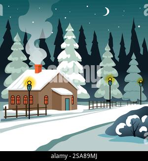 A winter village scene with lit streetlights and snow-covered trees, created in a flat vector style. Ideal for festive and seasonal decorations.. Winter Village with Lit Streetlights Stock Vector