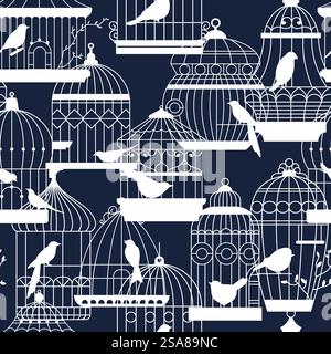Seamless pattern featuring various birdcages in a modern vector illustration style. Ideal for wallpaper and textile design.. Birdcages Seamless Pattern Vector illustration Stock Vector