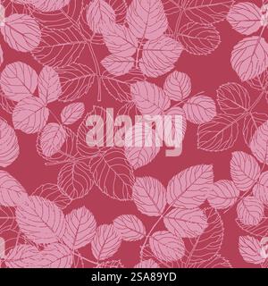 Pink leaves in a seamless pattern on a deep red background, vector illustration ideal for fabric and paper designs.. Pink Leaves Pattern Red Background Stock Vector