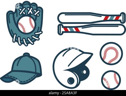 Illustration featuring baseball equipment including a glove, bats, balls, and a cap. Styled in flat design, isolated on white background. Vector illustration suitable for sports-themed designs.. Baseball Equipment Vector Illustration set Stock Vector