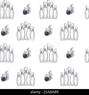 Seamless pattern featuring bowling pins and flaming bowling balls in a hand drawn style. Isolated on white background. Ideal for sports and recreational designs.. Bowling Pins Flaming Ball Pattern Stock Vector