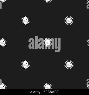 Seamless pattern with yin-yang sun symbols on a black background. This vector illustration is ideal for spiritual designs, wallpapers, and fabric prints.. Yin yang sun seamless pattern vector Stock Vector