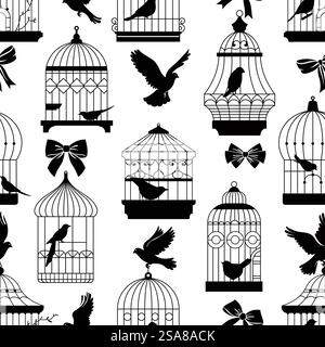 Seamless pattern featuring birdcages and bows in a minimalist black and white vector illustration style. Perfect for elegant designs and home decor.. Birdcages and Bows Pattern Vector Stock Vector