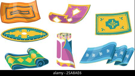 Vector illustration of various colorful rugs and carpets, isolated on a white background. Ideal for home decor and interior design projects.. Colorful Rugs and Carpets Collection Stock Vector