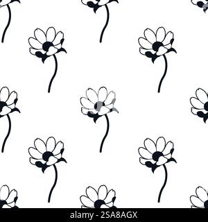 A minimal floral seamless pattern featuring daisies on a white background. Vector illustration perfect for textiles, home decor, and wallpaper designs.. Daisy Floral Minimal Seamless Pattern Stock Vector