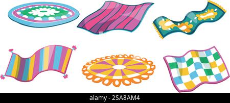 Vector illustration of various colorful rugs and carpets, isolated on a white background. Ideal for home decor and interior design projects.. Colorful Rugs and Carpets Collection Stock Vector