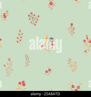 Seamless botanical pattern on a light green background featuring scattered floral elements. Perfect for textiles and wallpaper designs.. Minimalist Green Floral Pattern vector Stock Vector