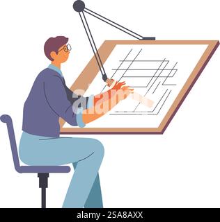 Illustration of an architect working at a drawing table. Flat design style vector illustration. Isolated on white background. Ideal for architecture and design-related themes.. Man At Architect&rsquo;s Drawing Table Stock Vector