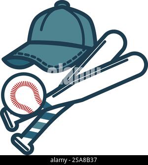 Graphic design with baseball gear including a cap, bats, and a ball in flat style. Isolated on white background. Vector illustration suitable for sports-themed graphics and branding.. Baseball Equipment Graphic Design vector Stock Vector