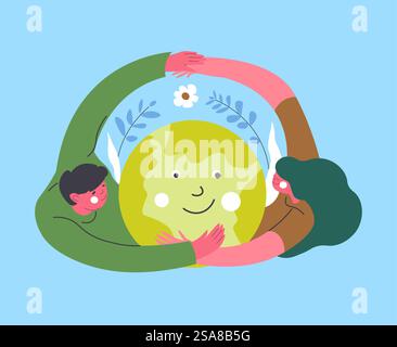 Colorful vector illustration showing two people hugging a smiling Earth with plants around. Friendly, flat style isolated on blue background. Perfect for environmental awareness projects.. People hugging a smiling Earth Stock Vector