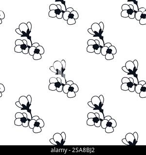 A delicate seamless pattern featuring small black flowers with thin outlines on a white background. Vector illustration for textiles and decor.. Delicate Black Flower Seamless Pattern Stock Vector