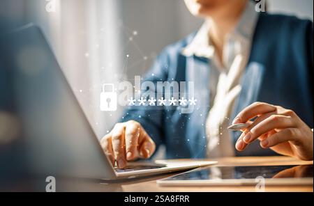 Lock the pc with a password for cybersecurity or a password to confirm login in the online application. Cyber security threats. Stock Photo