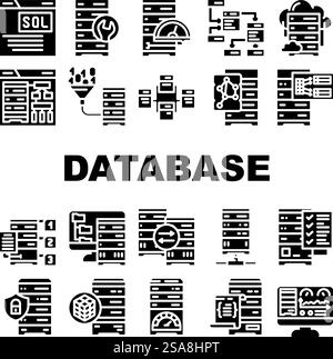 database administrator computer, icons set vector. system technology, laptop internet, data cloud, server business, network, service database administrator computer, glyph pictogram Illustrations. database administrator computer, icons set vector Stock Vector
