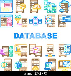 database administrator computer, icons set vector. system technology, laptop internet, data cloud, server business, network, service database administrator computer, color line illustrations. database administrator computer, icons set vector Stock Vector