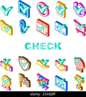 check mark yes correct icons set vector. choice checkmark, ok vote, tick button, right confirm, green checklist, approved check mark yes correct isometric sign illustrations. check mark yes correct icons set vector Stock Vector