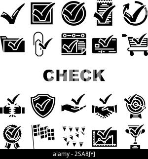 check mark yes correct icons set vector. choice checkmark, ok vote, tick button, right confirm, green checklist, approved check mark yes correct glyph pictogram Illustrations. check mark yes correct icons set vector Stock Vector