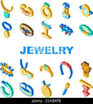 jewelry ring gold jewel icons set vector. jewellery accessory, necklace diamond, bracelet silver, gift, luxury girl jewelry ring gold jewel isometric sign illustrations. jewelry ring gold jewel icons set vector Stock Vector