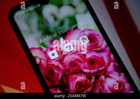 In this photo illustration, the artificial intelligence mobile app icons for Google Gemeni, DeepSeek, and ChatGPT is seen displayed on a mobile phone screen with American and Chinese flag in the background. DeepSeek, a little-known Chinese startup, has sent shockwaves through the global tech sector with the release of an artificial intelligence (AI) model whose capabilities rival the creations of Google and OpenAI, sparking concerns about the high valuations of tech giants like Nvidia. This development has caused a significant drop in global tech stocks, raising doubts about the high valuation Stock Photo