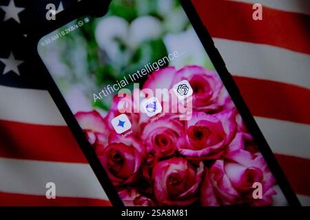 In this photo illustration, the artificial intelligence mobile app icons for Google Gemeni, DeepSeek, and ChatGPT seen displayed on a mobile phone screen with American flag in the background. DeepSeek, a little-known Chinese startup, has sent shockwaves through the global tech sector with the release of an artificial intelligence (AI) model whose capabilities rival the creations of Google and OpenAI, sparking concerns about the high valuations of tech giants like Nvidia. This development has caused a significant drop in global tech stocks, raising doubts about the high valuations of AI-driven Stock Photo