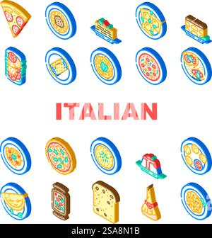 italian cuisine food pasta icons set vector. plate dinner, meal delicious, table italy, restaurant gourmet, spaghetti, vegetarian italian cuisine food pasta isometric sign illustrations. italian cuisine food pasta icons set vector Stock Vector