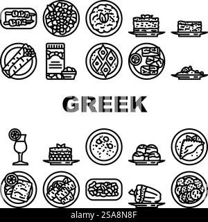 greek cuisine food salad icons set vector. greece table, mediterranean feta, meal island, dinner cheese, restaurant, oil olive greek cuisine food salad black contour illustrations. greek cuisine food salad icons set vector Stock Vector