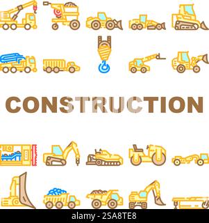 construction vehicle heavy icons set vector. excavator machinery, bulldozer tractor, machine digger yellow loader, shovel, land construction vehicle heavy color line illustrations. construction vehicle heavy icons set vector Stock Vector