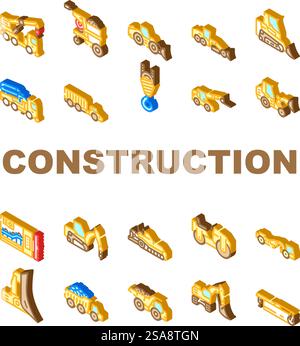 construction vehicle heavy icons set vector. excavator machinery, bulldozer tractor, machine digger yellow loader, shovel, land construction vehicle heavy isometric sign illustrations. construction vehicle heavy icons set vector Stock Vector