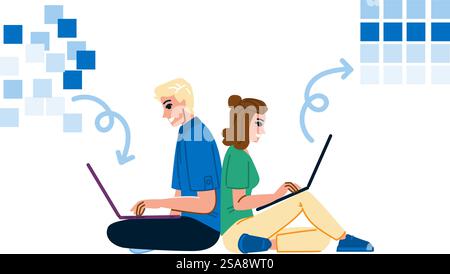 code schema markup  vector.  technology search, standard featured, file blue code schema markup character. people flat cartoon illustration. code schema markup vector Stock Vector