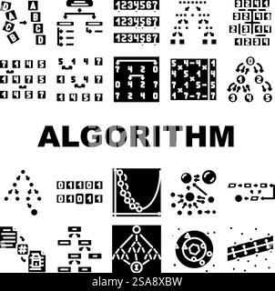 sorting algorithm data filter icons set vector. flow sort, big stroke, database editable, organize stream, structure science process sorting algorithm data filter glyph pictogram Illustrations. sorting algorithm data filter icons set vector Stock Vector