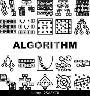 sorting algorithm data filter icons set vector. flow sort, big stroke, database editable, organize stream, structure science process sorting algorithm data filter black contour illustrations. sorting algorithm data filter icons set vector Stock Vector
