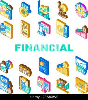 financial advisor consult real icons set vector. account plan, cost dashboard, agent busy, analyst budget, meeting, company financial advisor consult real isometric sign illustrations. financial advisor consult real icons set vector Stock Vector