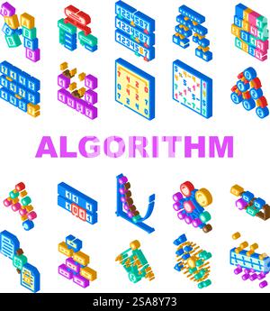 sorting algorithm data filter icons set vector. flow sort, big stroke, database editable, organize stream, structure science process sorting algorithm data filter isometric sign illustrations. sorting algorithm data filter icons set vector Stock Vector