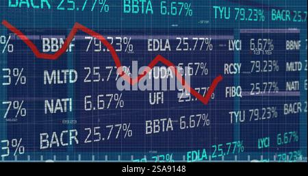 Image of red line and financial data processing over grid Stock Photo