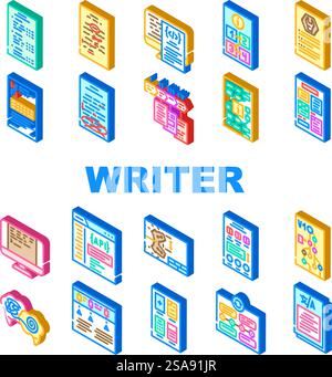 technical writer document manual icons set vector. typewriter plan, stroke guide, type content, book project, old, writing paper office technical writer document manual isometric sign illustrations. technical writer document manual icons set vector Stock Vector