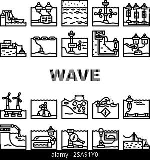 wave energy plant power icons set vector. source city, green solar, dam electricity, oil biomass, electric line, wind wave energy plant power black contour illustrations. wave energy plant power icons set vector Stock Vector