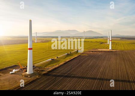 Aerial view of wind turbine construction site in rural landscape Stock Photo