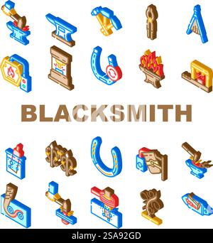 blacksmith forge anvil work icons set vector. sword hammer, smith strike, iron industry, medieval metal, hard old, welding blacksmith forge anvil work isometric sign illustrations. blacksmith forge anvil work icons set vector Stock Vector