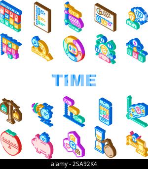 time management schedule task icons set vector. patience student, hourglass work, manage life, calendar hour, project date time management schedule task isometric sign illustrations. time management schedule task icons set vector Stock Vector