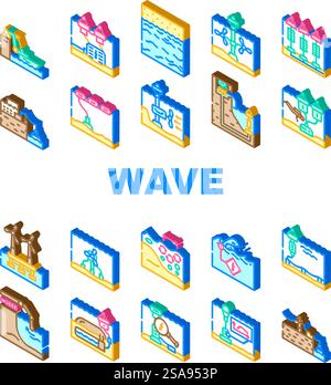 wave energy plant power icons set vector. source city, green solar, dam electricity, oil biomass, electric line, wind wave energy plant power isometric sign illustrations. wave energy plant power icons set vector Stock Vector