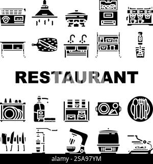restaurant equipment kitchen icons set vector. interior table, professional clean, steel modern, stainless hotel, food oven, grill restaurant equipment kitchen glyph pictogram Illustrations. restaurant equipment kitchen icons set vector Stock Vector
