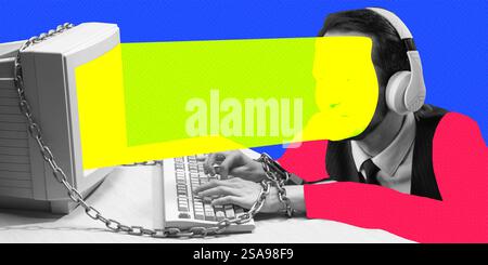 Conceptual artwork. Person with chained hands typing on keyboard, wearing headphones, facing old computer with digital speech bubble for face Stock Photo