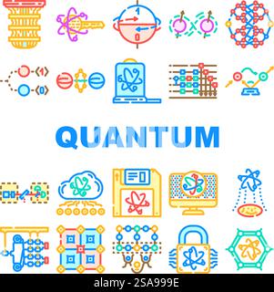 quantum technology data network icons set vector. internet digital, big science, server computer, energy communication quantum technology data network color line illustrations. quantum technology data network icons set vector Stock Vector