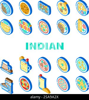 indian cuisine curry food chicken icons set vector. dish restaurant, asian rice, india meal, spice masala, dinner indian cuisine curry food chicken isometric sign illustrations. indian cuisine curry food chicken icons set vector Stock Vector