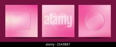 Pink Glass Morphism Shapes - Square, Heart, Circle - Vector Background Set Stock Vector