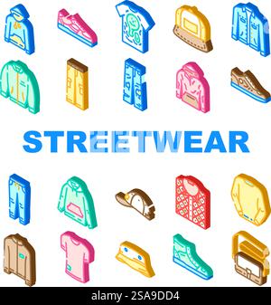 streetwear cloth urban style icons set vector. print element, shirt woman, abstract fashion, shop wear, globe angel, futuristic streetwear cloth urban style isometric sign illustrations. streetwear cloth urban style icons set vector Stock Vector